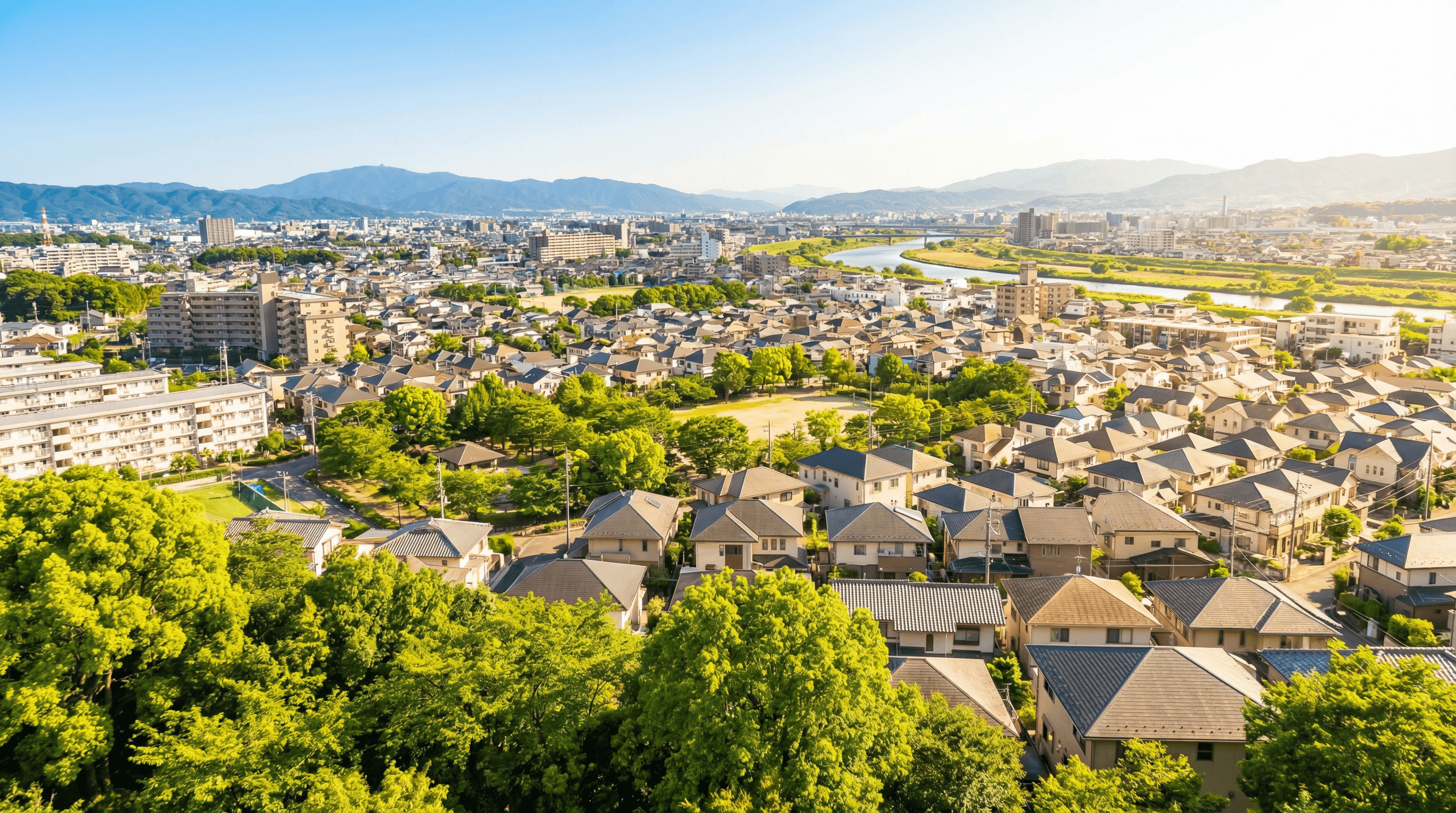 枚方市の見晴らしの良い風景、スーツ姿の営業担当者が顧客と笑顔で握手